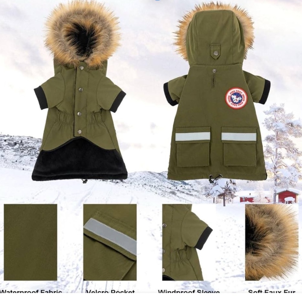 Khaki Dog Coat with Faux Fur Trim